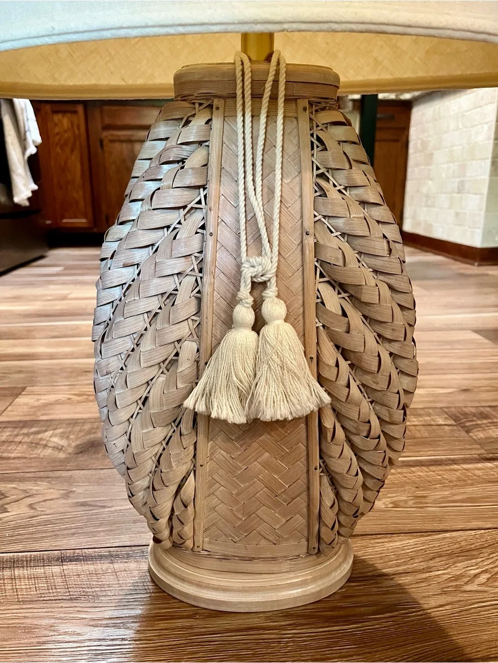 Vintage Handmade Sculptural Rattan Table Lamp with Tassel Accent